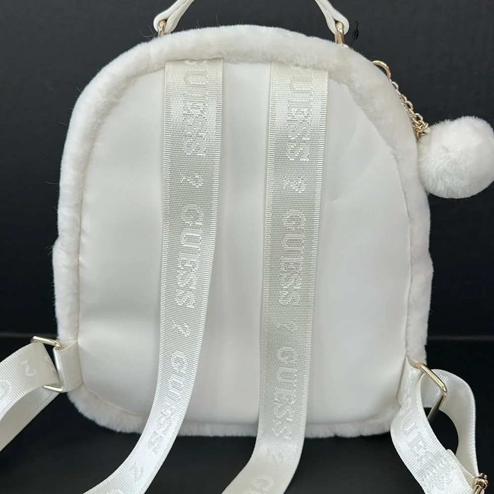 New Guess White Quilted Backpack with Pom-Pom Charm